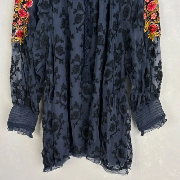 Sundance size XXL Gemma Elegance top long sleeve embroidered navy boho NEW - Picture 3 of 16
